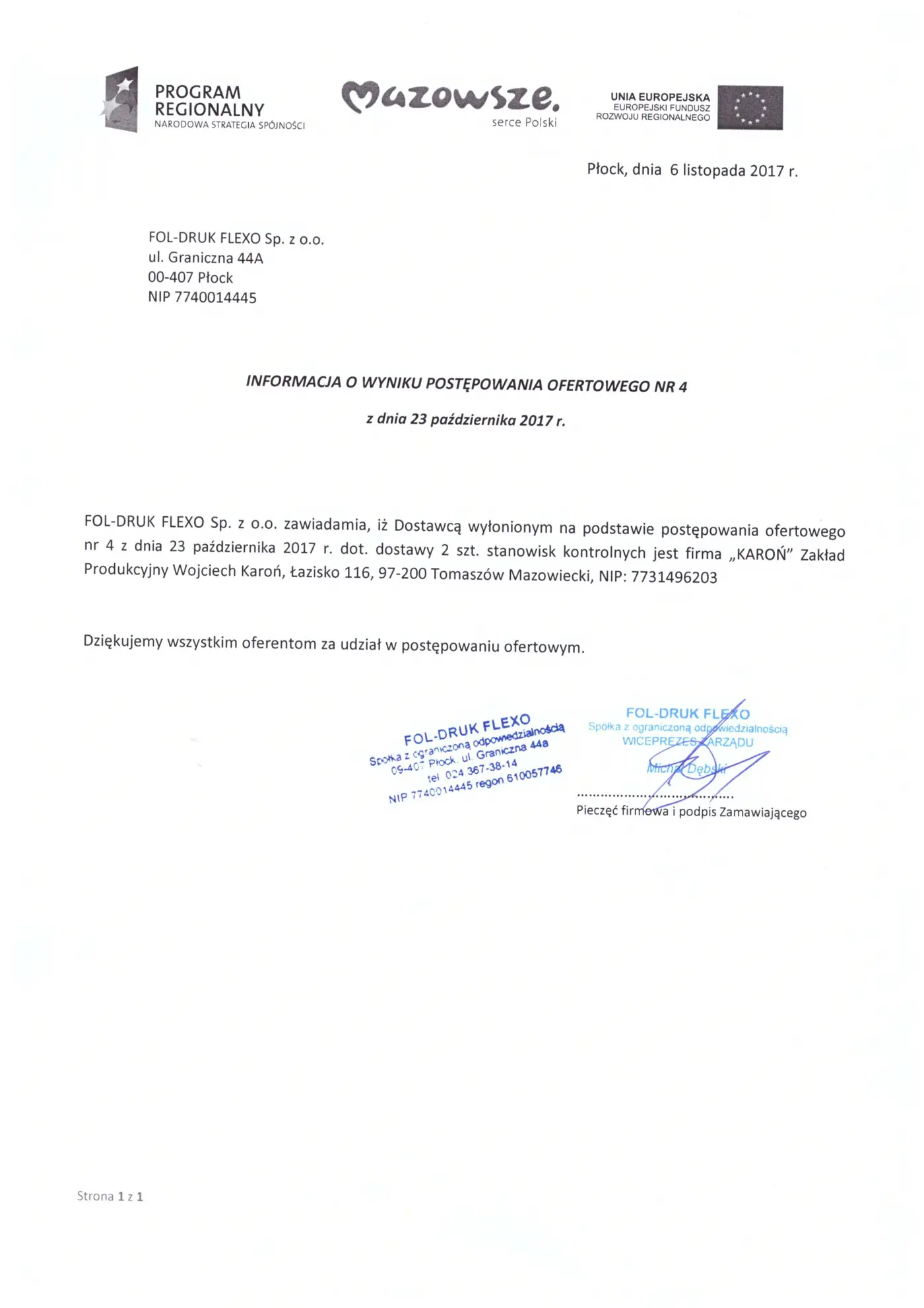 Informacja o wyborze wykonawcy – Zapytanie nr 4