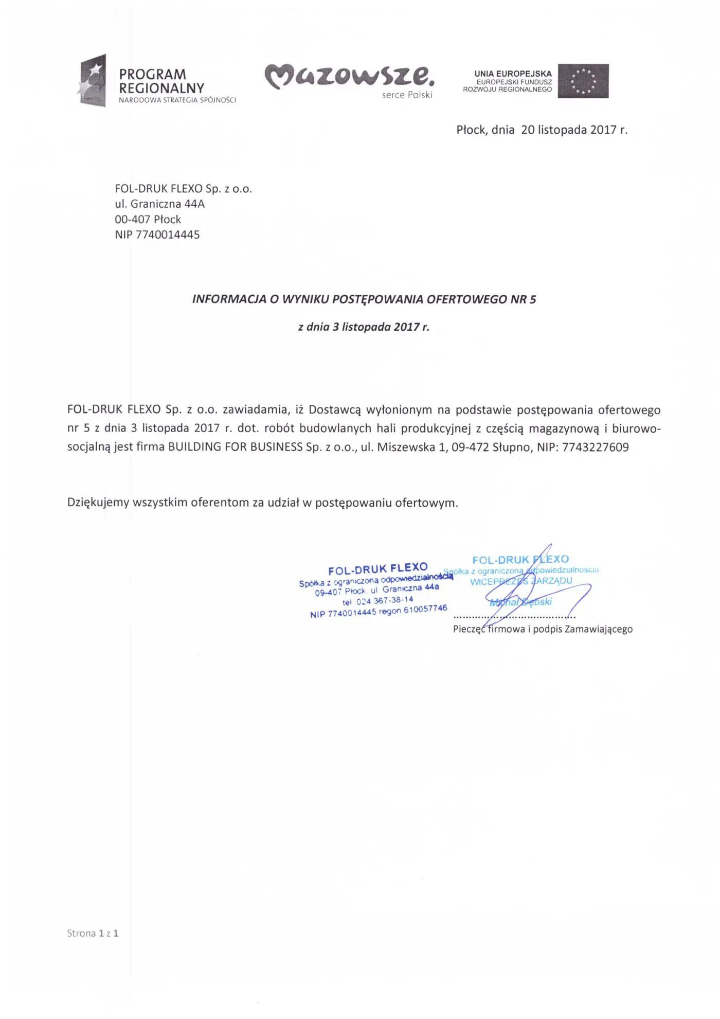 Informacja o wyborze wykonawcy – Zapytanie nr 5