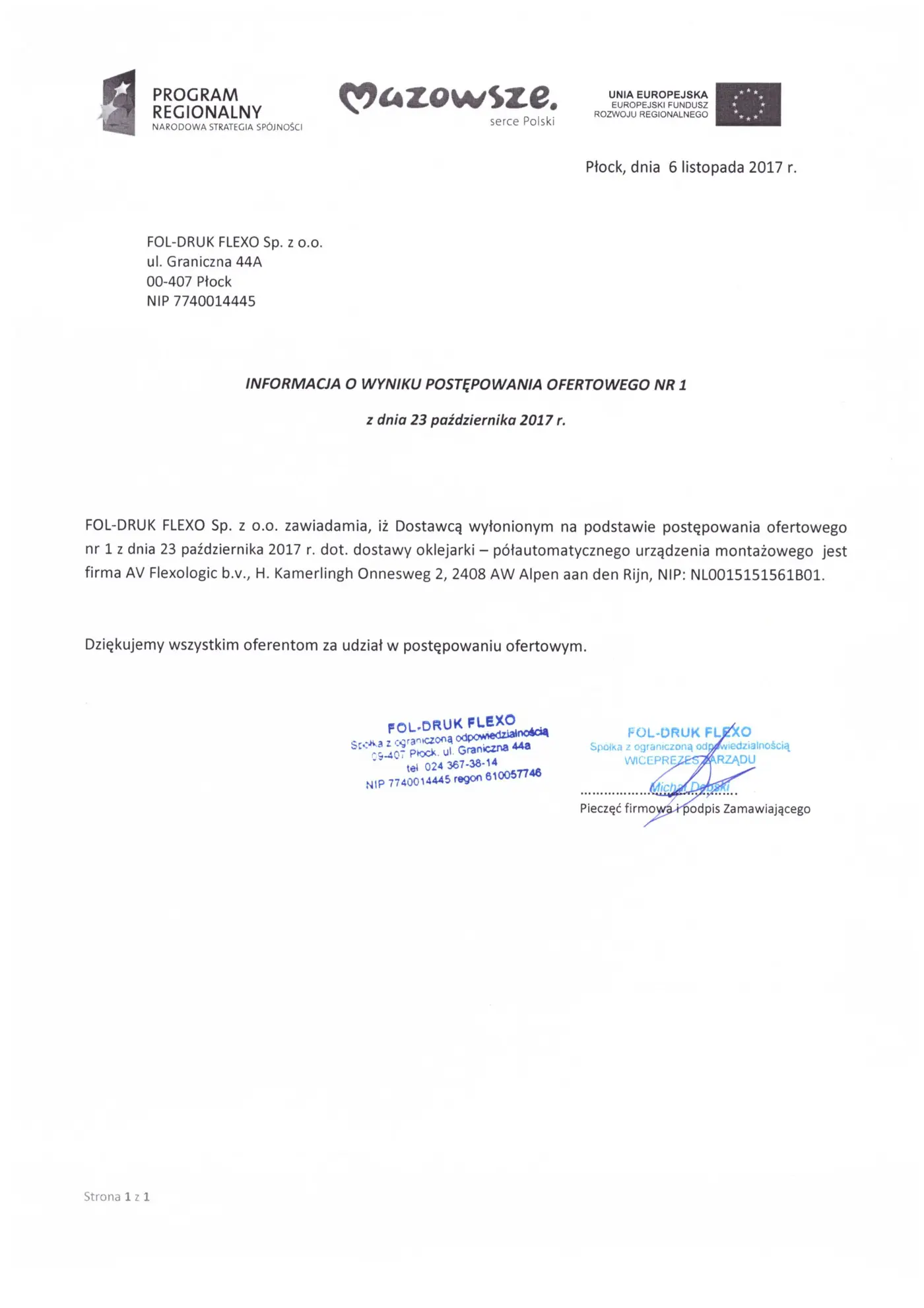 Informacja o wyborze wykonawcy – Zapytanie nr 1
